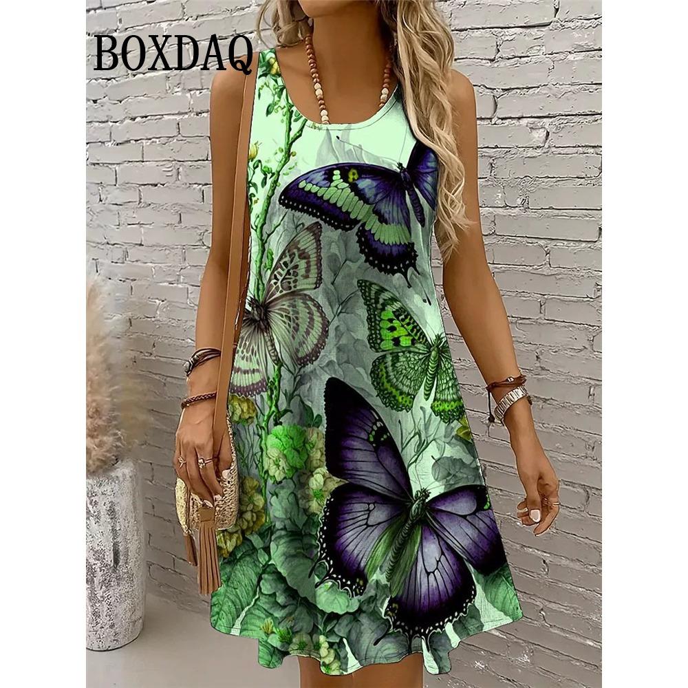 Kleider Für Damen 2026 Damen Urlaub Strand Sommer Weste Schmetterlingsblumen Lockeres Kleid Sommerkleid Freizeit 3D-Druck Ärmelloses Kleid XL gray