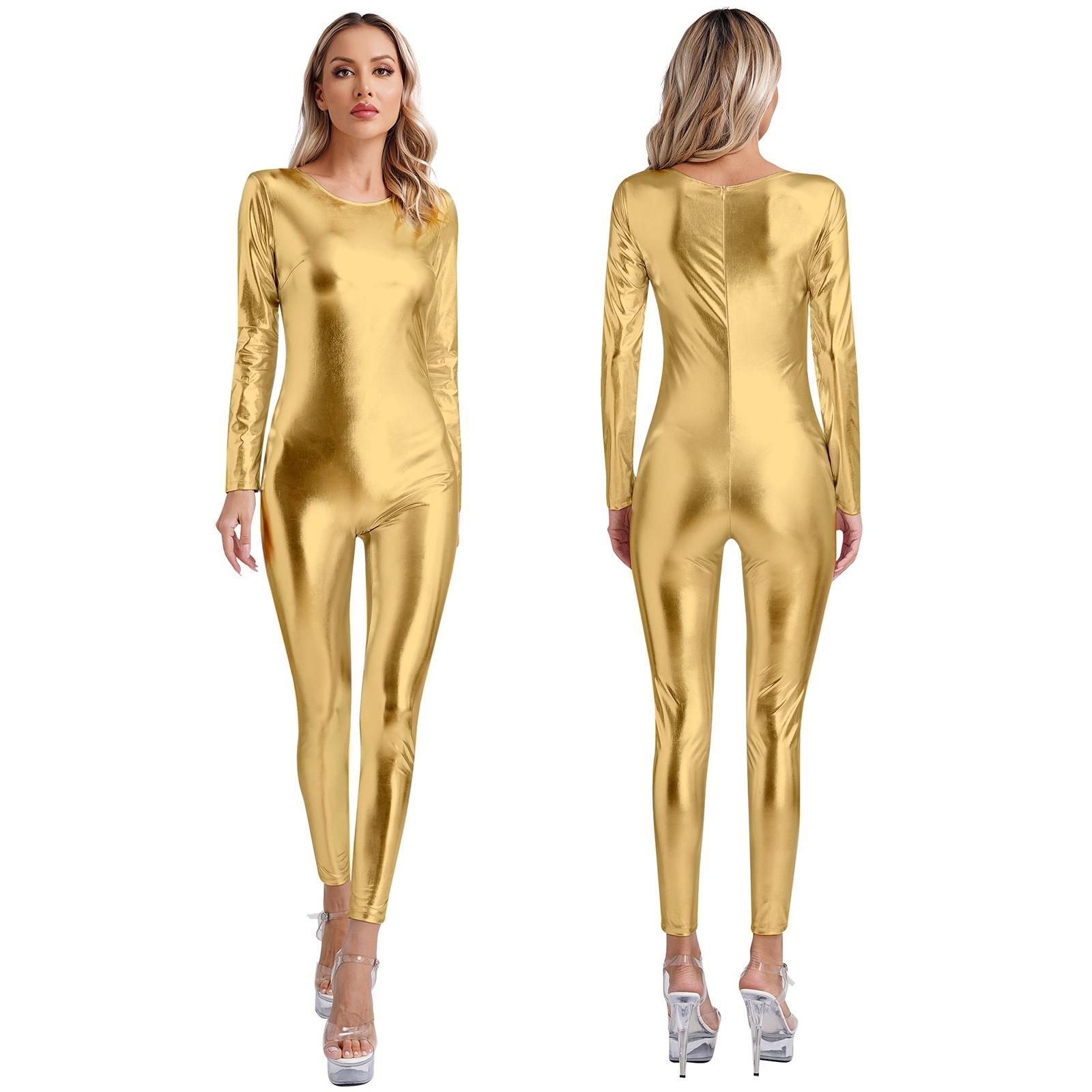 Damen Metallic Glänzendes Unitard Tanzbekleidung Rundhalsausschnitt Langarm Slim Fit Ganzkörper-Body Einteiler Clubwear Festival-Kostüme S gold
