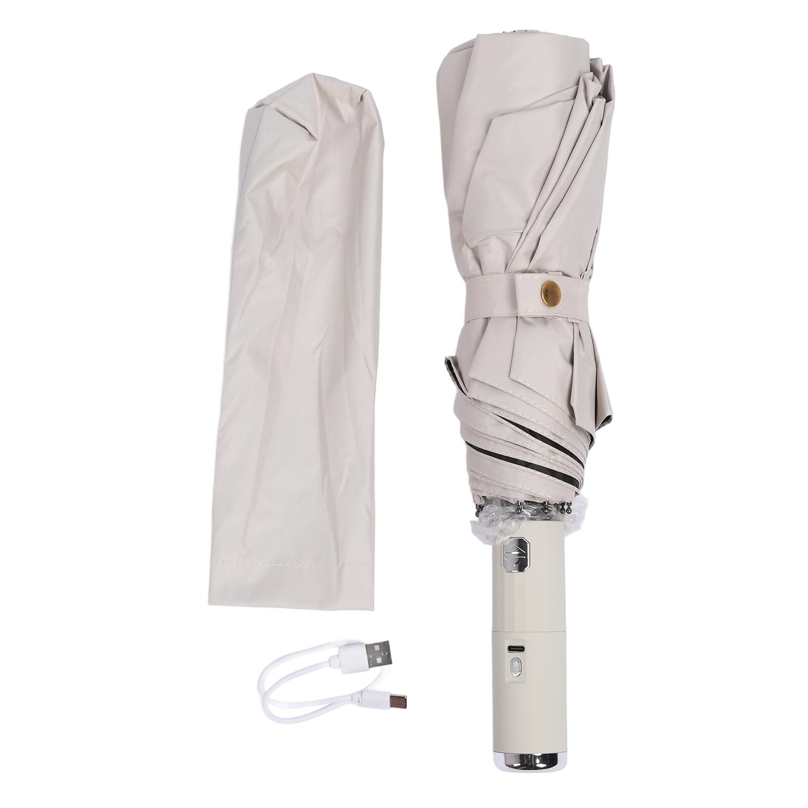 Tragbarer Ventilator-Regenschirm Vollautomatisch Schwarzkleberstoff Doppelte Nutzung 10 Speichen Faltbarer Regenschirm für beige