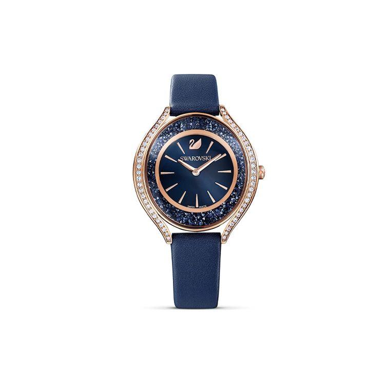 Swarovski Crystalline Aura Uhr Quarzwerk Lederarmband Blaues Zifferblatt 50m Wasserdicht Damenuhren 5519447 Regular Watch Box,Dark Blue Watch Dial