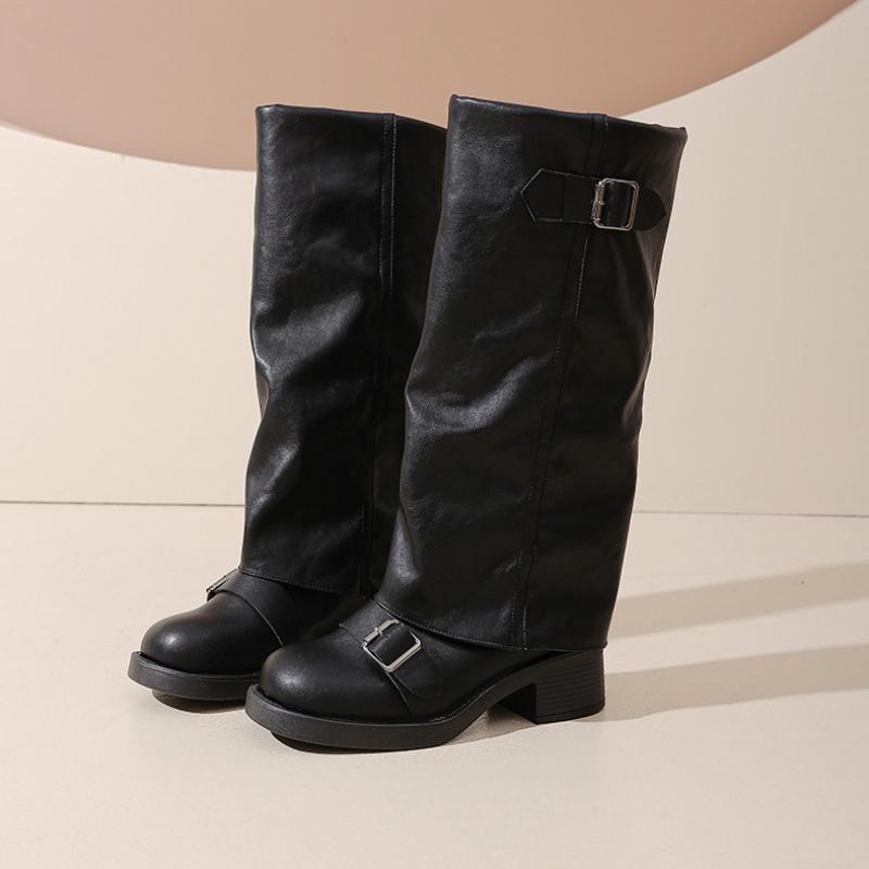 Mode Vintage Dicke Absätze Damen Kniehohe Stiefel Mode Damen Gürtelschnalle Ritter Lange Stiefeletten botas de inverno feminina 43 schwarz