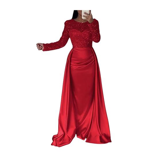 Pailletten Durchsichtiges Mesh Langarm Maxi Kleid für Damen Fließendes Glitzer A-Linien Langes Kleid Formelles Cocktail Abendkleid M rot