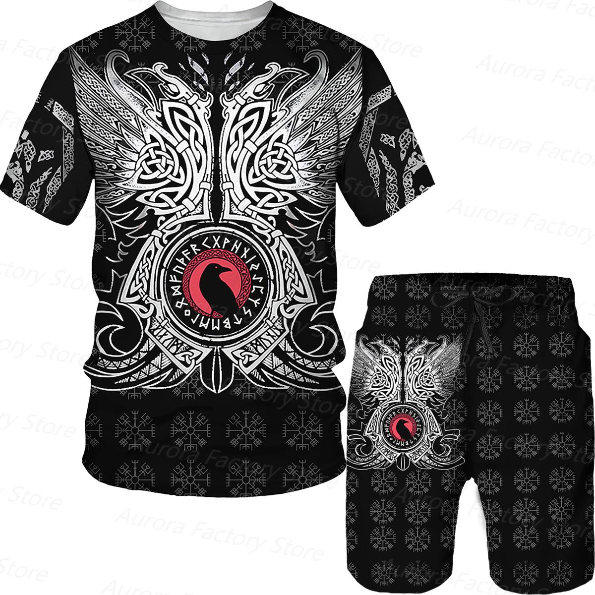 Sommer Männer der Trainingsanzug Viking Muster T-Shirt + Shorts Set Casual Outfits Sport Jogging Anzug Übergroßen Kleidung Männlich Streetwear XXXL