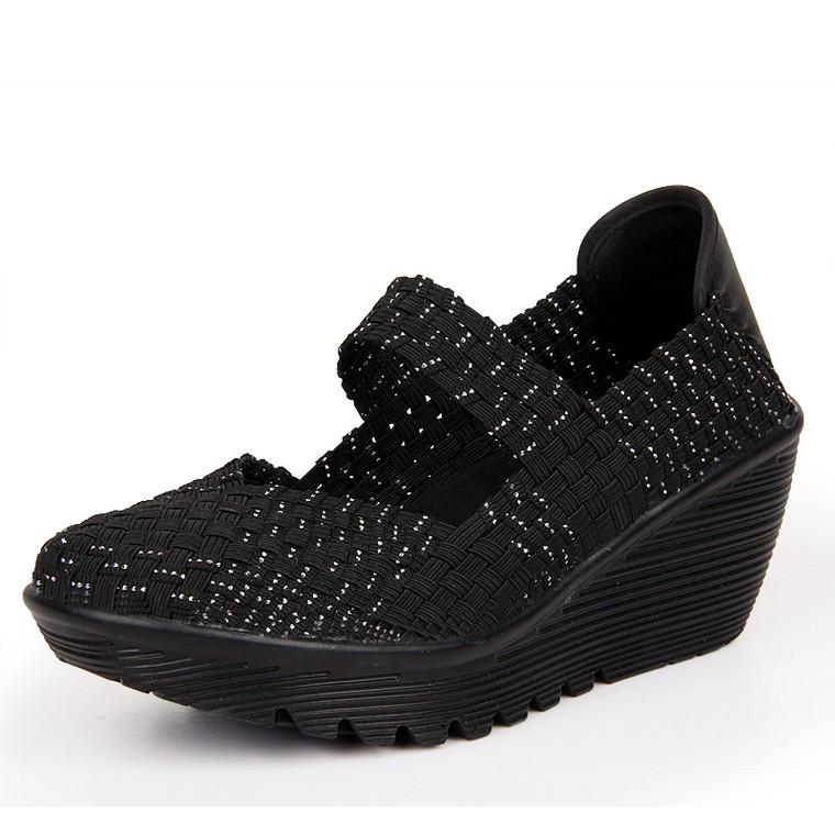 Mode Damen Sommer Plateau Geflochtene Schuhe Damen Mittlerer Klobiger Absatz Keil Strand Sandalen Lässige Stretch Stoff Aushöhlen Slipper Mode 40 silber