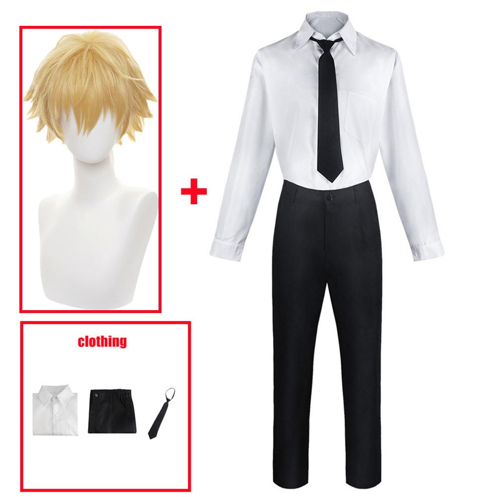 Anime Chainsaw Man Denji Cosplay Kostüm Schwarze Anzüge Lässige Uniform Teufel Hunter Halloween Karneval Party Kleidung L-(Suit+Wig) weiß