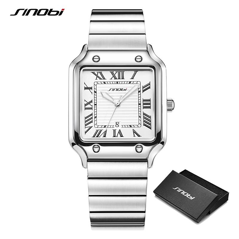 SINOBI Casual Design Herren Quarzuhren Mode Edelstahl Herren Armbanduhren Business Square Clock silber