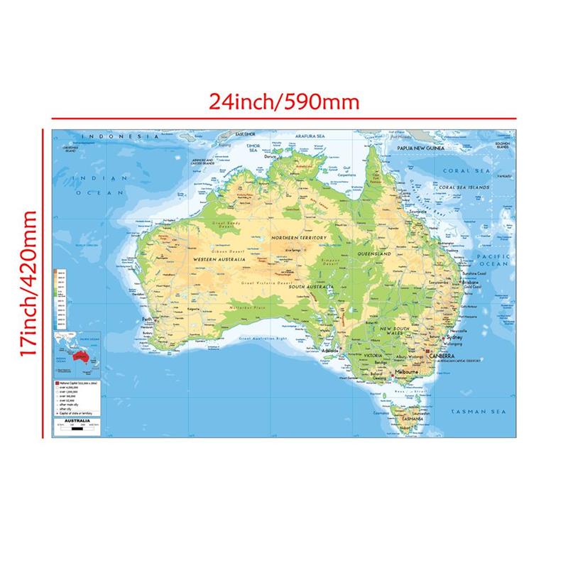 Rahmenlose Karte von Australien-Geografische Karte,Wanddeko,Studium,Geschenk,Studien-& Reiseplanung,Pädagogische Wandkunst,Heimdekoration A2-59*42cm