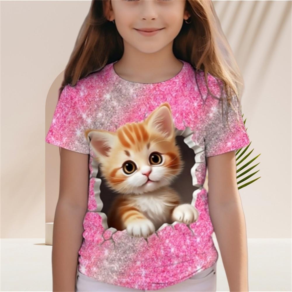 Kinder-T-Shirt für Mädchen mit Farbverlauf und Pailletten, Kawaii-Katze, kurzärmelig, Rundhalsausschnitt, Pyjama für Kinder, Kleidung für Mädchen von 2 bis 7 Jahren 140 pink