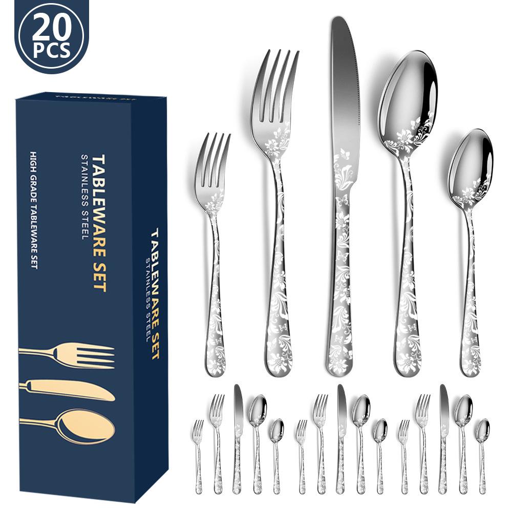 20-teiliges/4-teiliges Besteck-Set aus Edelstahl mit geprägtem Muster, Geschirr, Messer, Gabeln, Löffel, Besteck-Set, luxuriöses Geschirr-Set, Familien-Party-Geschirr-Set 20 pcs set silber