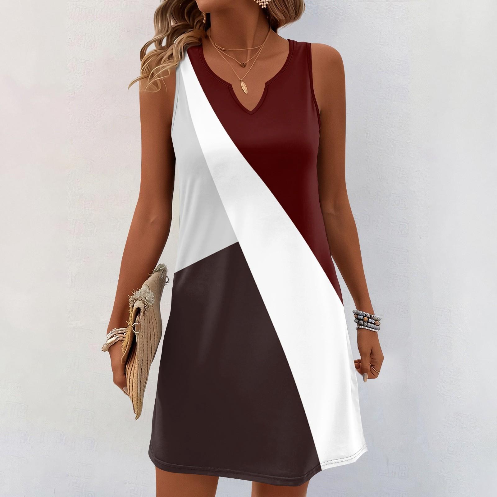 Damen Sommerkleider V-Ausschnitt Print Ärmelloses Sommerkleid Freizeitkleid L weinrot