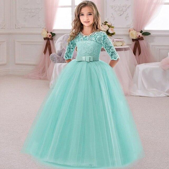 Sommer Langarm Mädchen Party Kleid Hochzeit Kleid Kinder Kleider Für Mädchen Kinder Abend Spitze Prinzessin Kleid 10 12 Jahre 160 hellgrüne