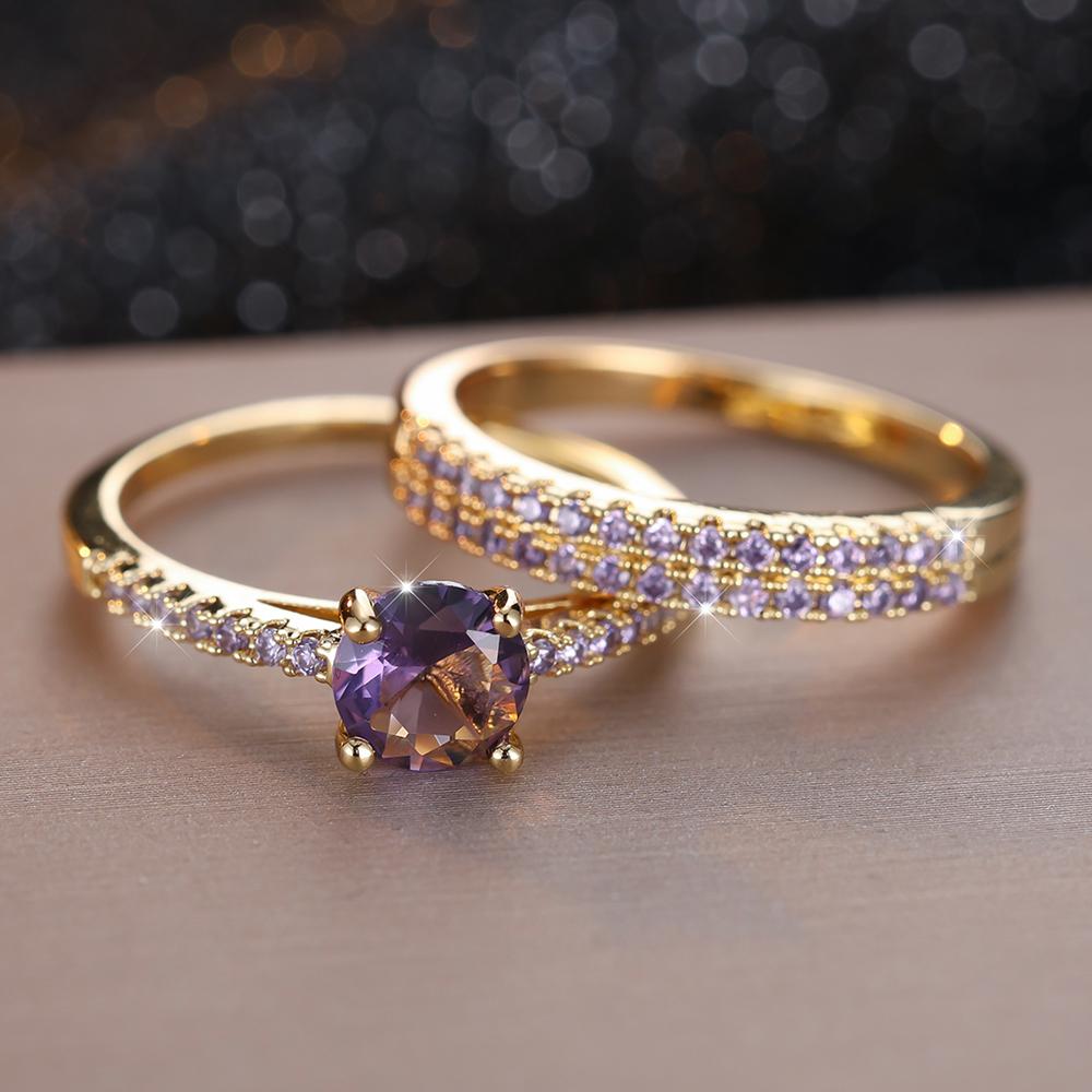 Glänzender Zirkoniastein, Mikrogepflasterter Brautring, Romantische schwarze Verlobungsringe, Hochzeitsschmuck, Geschenk 7 violett/gold