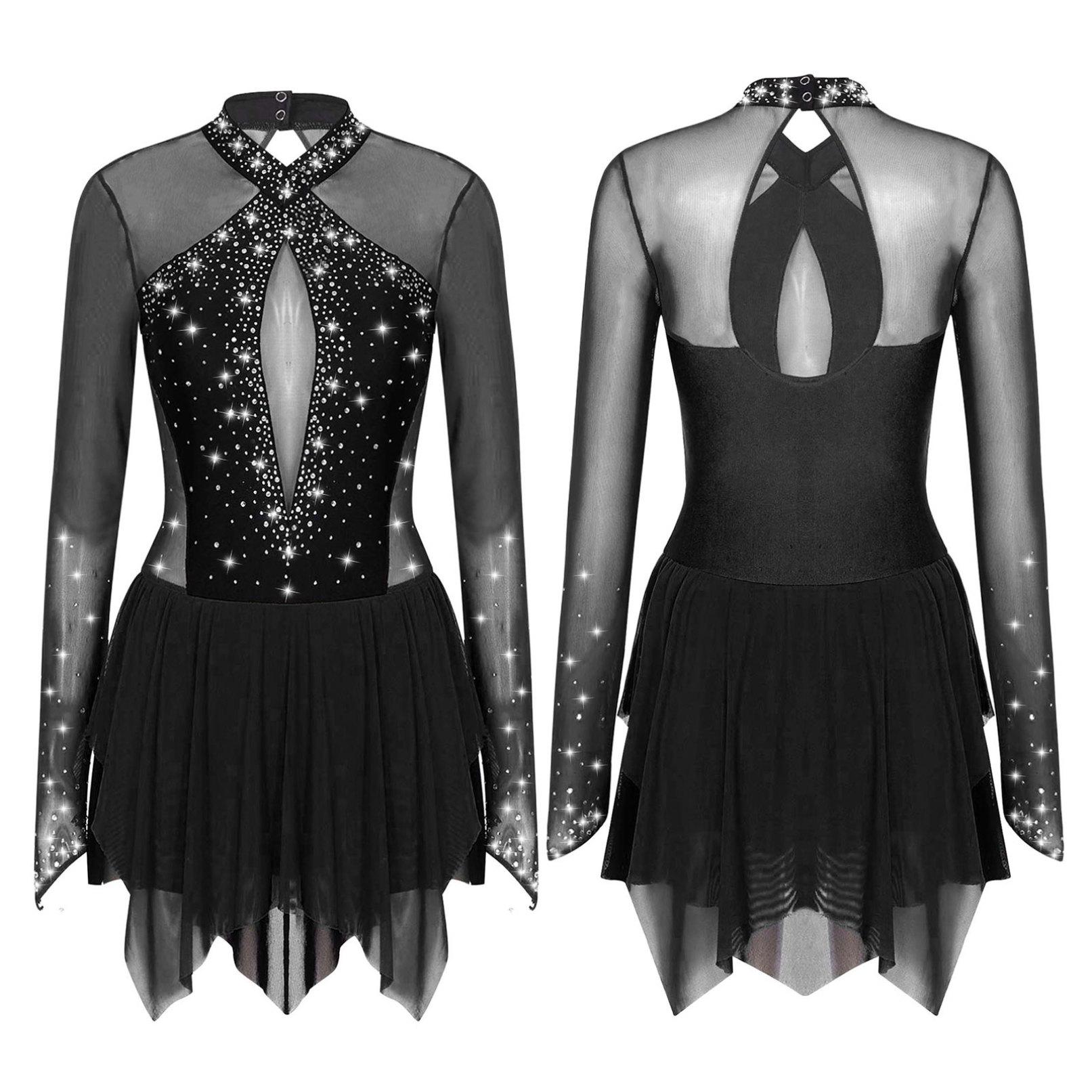 Frauen Glänzende Strass Eiskunstlauf Kleid Ballett Rhythmische Gymnastik Lyrical Dance Kostüm Langarm Sheer Mesh Trikot Kleid M schwarz