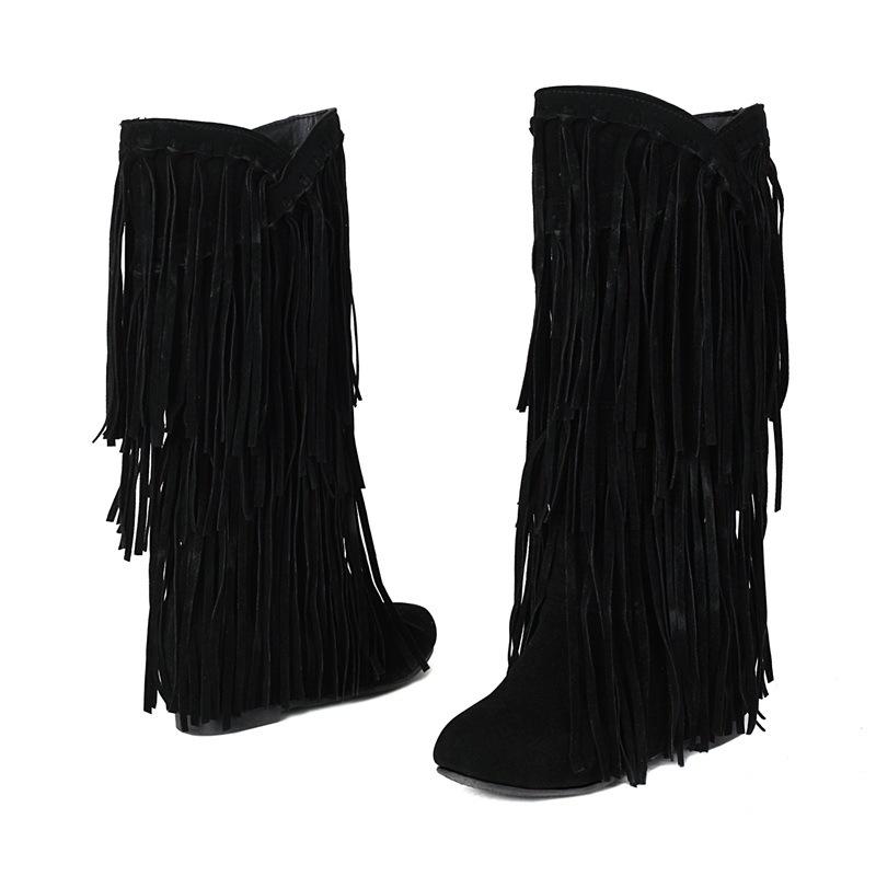 Herbst Winter Damen Stiefel Mode Quaste Wildleder Damen Hohe Stiefel Luxus Lässig 3cm Niedrige Absätze Mode Lang Party Schuhe Weiblich 43 black
