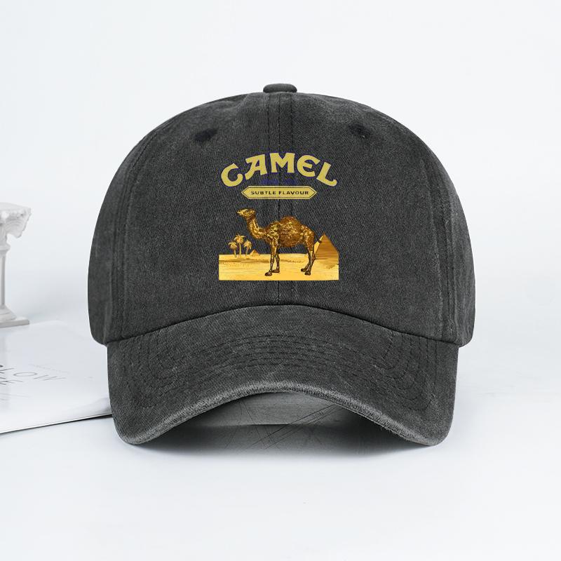 Vintage „Camel“ Wüstenmotiv Print Gewaschene Baseballkappe - Verstellbare Unisex Vintage Kappe für Outdoor-Wanderungen und Bergsteigen schwarz