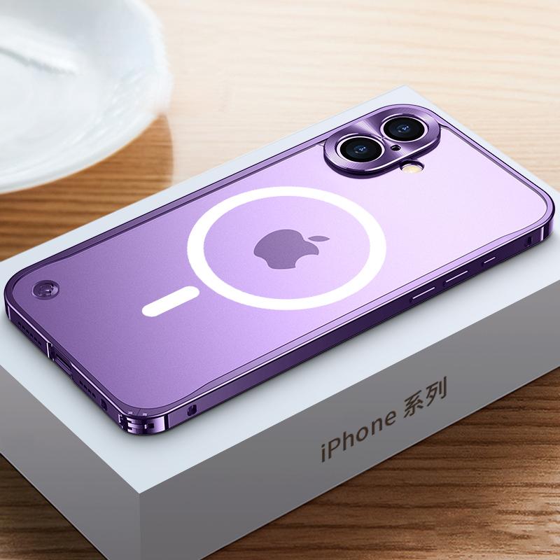 Magnetische Handyhülle mit Metallrahmen für iPhone 17 12 13 14 15 16 Pro Max Aluminiumlegierung Vollständiger Objektivschutz Abdeckung für iPhone 16 Galvanisierte Metall-Rückseite iPhone 16 Plus violett