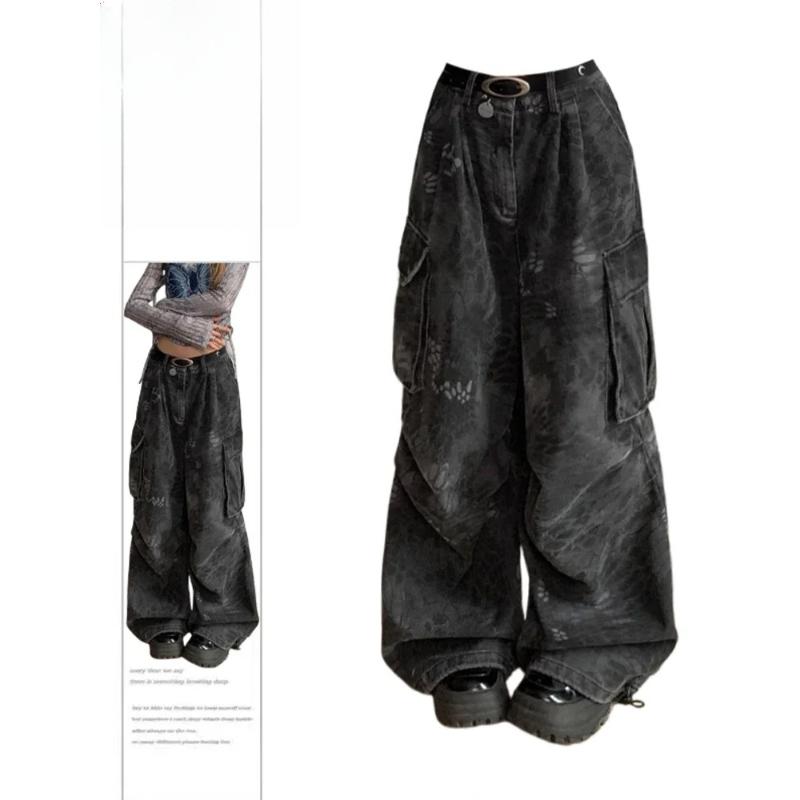 Goth Jeans Damen Grunge Abi Y2K Denim Cargohosen Goblin Core Punk Baggy Hosen XL schwarz