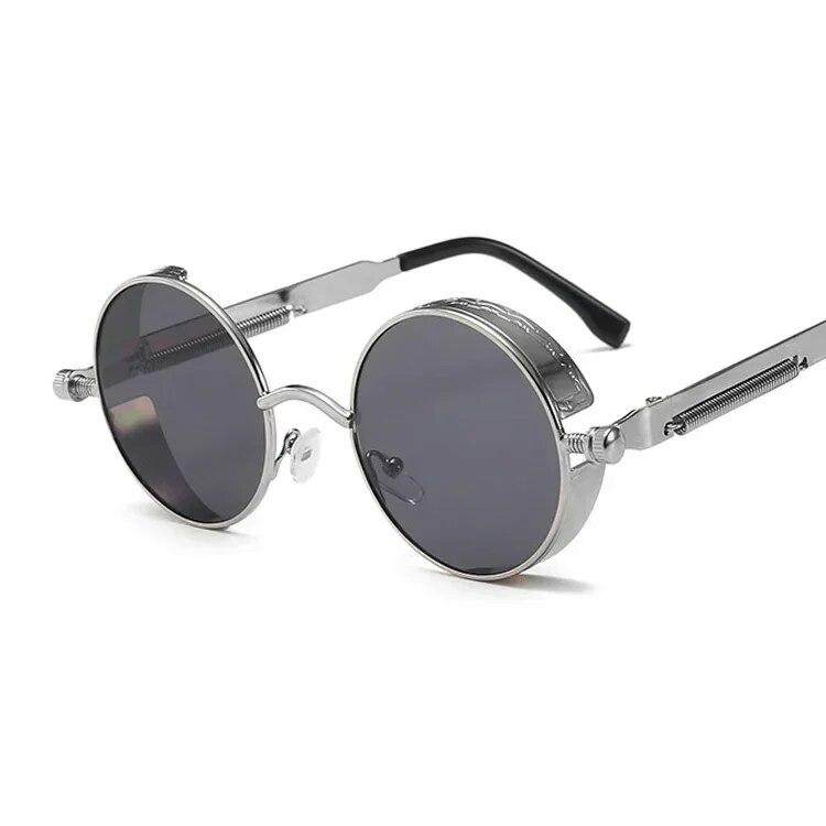 Klassische Gothic Steampunk Sonnenbrille Luxusmarke Designer Hochwertige Herren und Damen Retro Runde Metallrahmen Sonnenbrille UV400 silber grau