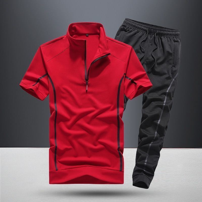Herren Sommer Kurzarmanzug Lässiger Reißverschlusspullover Lockere Sporthose Zweiteilige Anzüge Kontrastfarben Bequeme Sets S rot