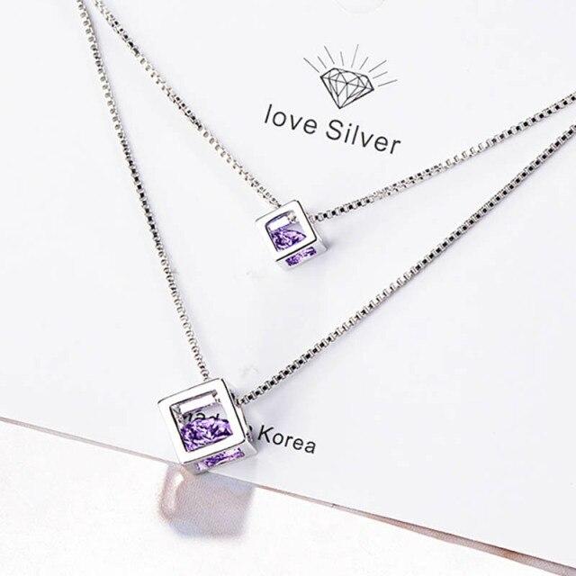 Charms Doppelkette für Damen Silber 925 Schmuck Edelsteine Amethyst Zirkon Rubik's Cube Anhänger Schlüsselbeinkette violett