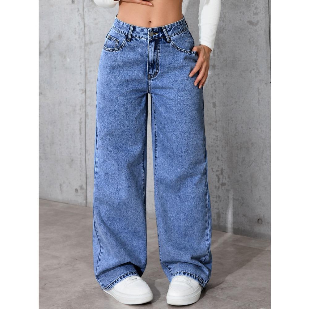 Damen Jeans mit hoher Taille und geradem Bein, Lockere Wide Leg Jeans aus Denim, Säuregewaschen Hellblau Dehnbare Jeans mit Taschen, Lässige Büro-Arbeitshosen S mittlere blaue