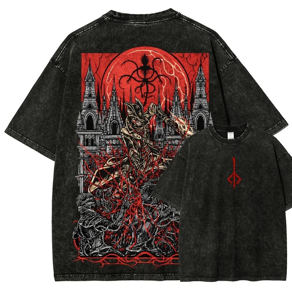 Bloodborne Hunter Blutmond Vintage Washed T-Shirt, Unisex Soulsborne Game Fan Streetwear Tee, 100% Baumwolle Lässiges Kurzarm Oberteil XXXL blau
