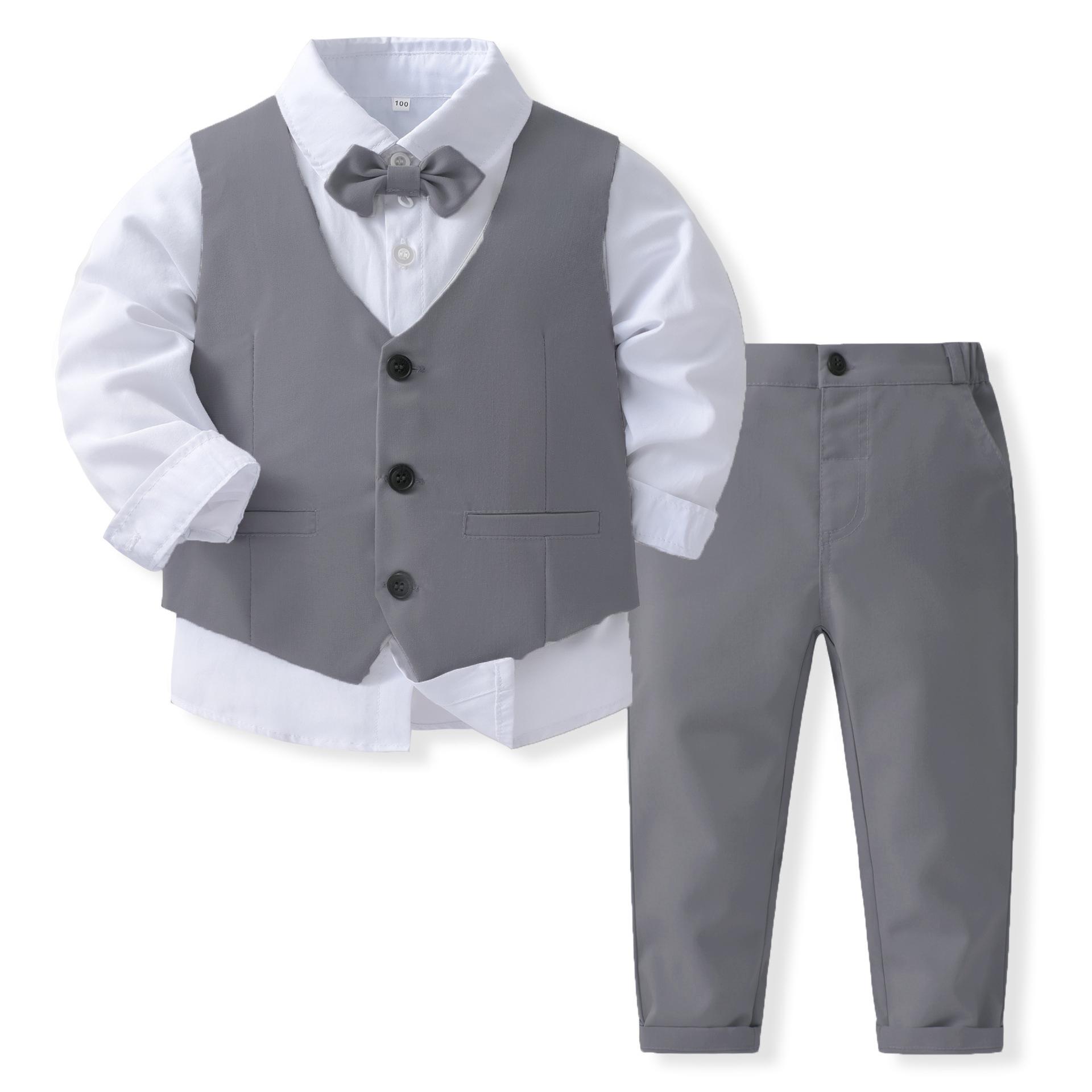 Jungen Gentleman Outfits Geburtstagskostüm Kinder Frühling Herbst Boutique Kleidung Set Solide Weste Anzug Kinder Baumwolle Formelle Kleidung 120cm grau