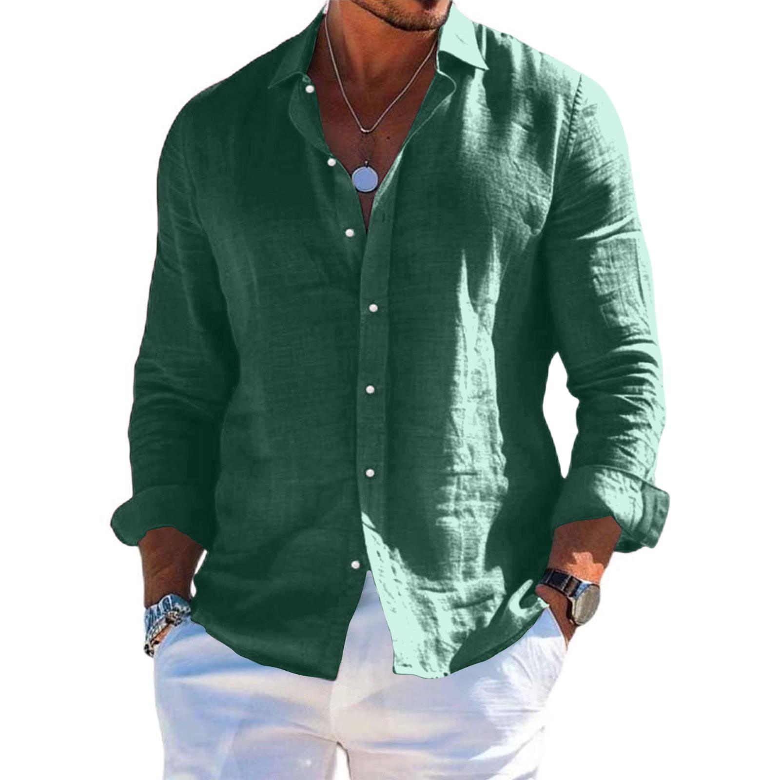 Herren Langarm Leinenhemd Kentkragen Hemd Business Casual Hemd Businesshemd Regular Fit Hemd XXL armee grüne