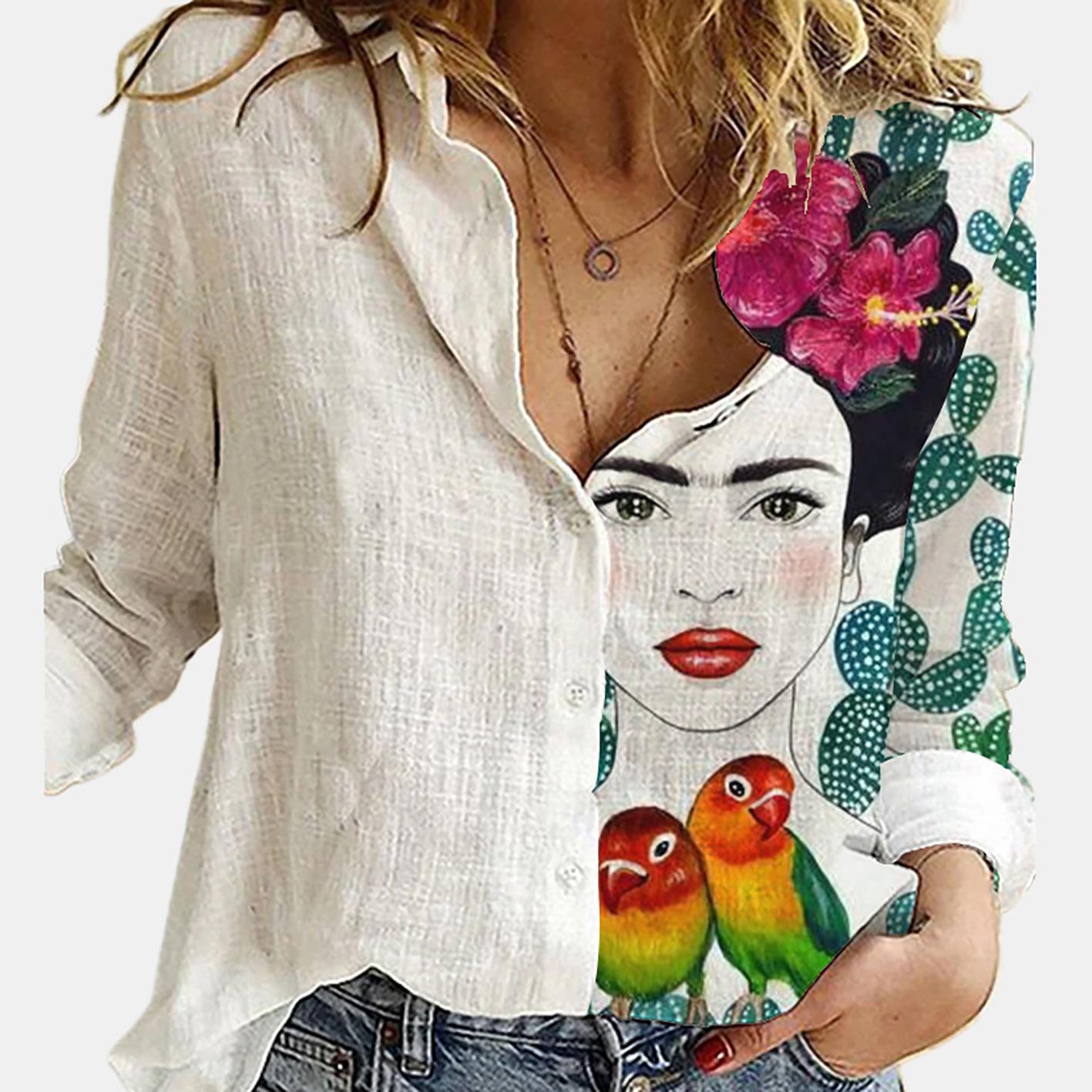 Damenhemd Mode Farbkontrast Patchwork Hemd Top Temperament Sinn Langarm Druck Hemd Herbst Hemd XXL