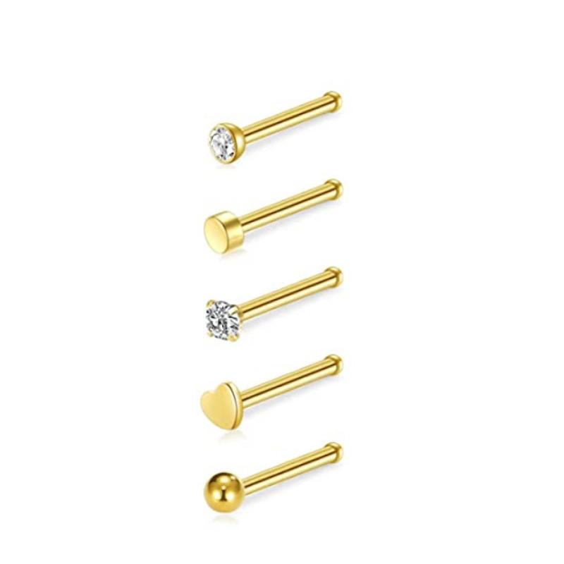 5-teiliges/21-teiliges Set Nasenpiercing-Ring, Nasennägel, Piercing, Kristall, Nasenstecker, Packung mit 20 g, L-Form, Nasenringe-Set, Herz, Nasenloch, Cruve, L-Form 5Pcs Bend gold