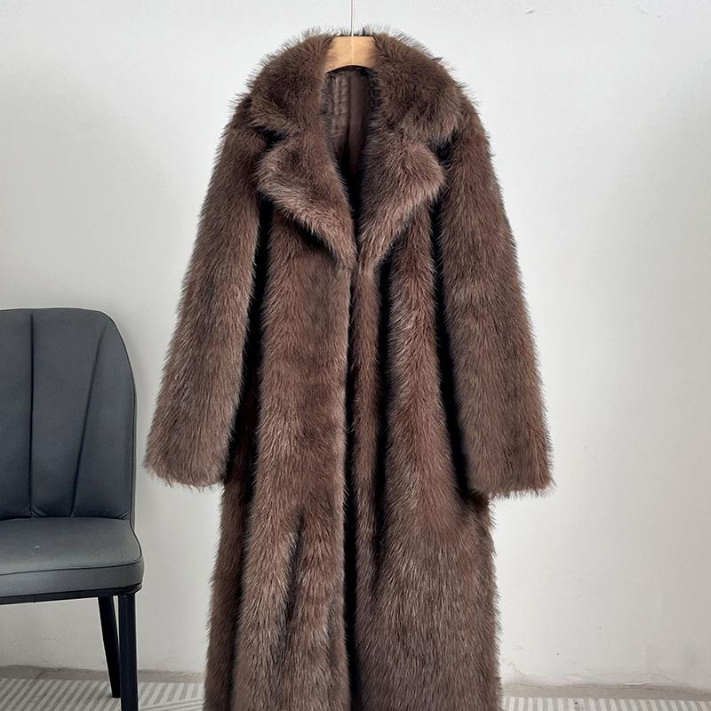 Herbst Winter Damen Verlängerter Imitationsanzugkragen Mantel Mantel Pelz Pelzmantel XL