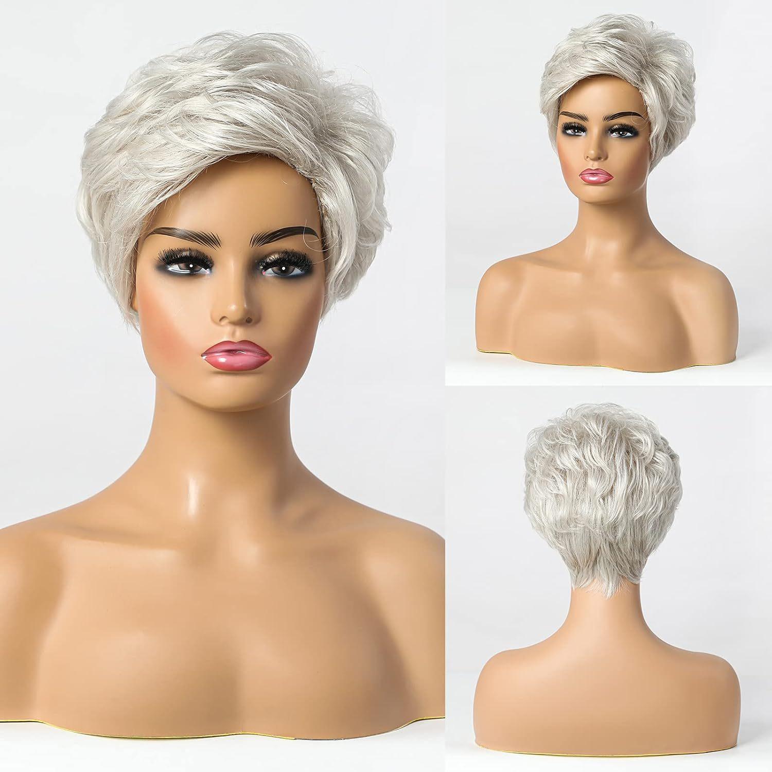 Kurze Natürliche Flauschige Blonde Perücken Weiches Haar Täglich Cosplay Silbergrau Goldbraun Lockiges Synthetisches Haar Hitzebeständige Faser silber grau