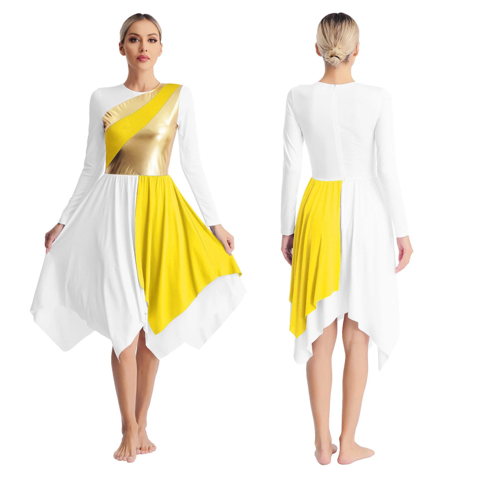 Liturgisches lyrisches Tanzkleid für Damen, langärmelig, metallische Kontrastfarbe, asymmetrische Kleider, Anbetungsaufführung M gelb