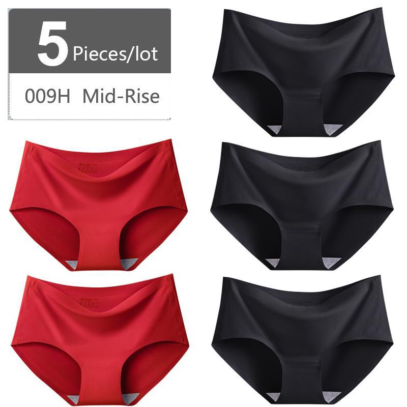 Große Größe M-XXXXL Nahtlose Damen-Höschen aus Eisseide, mittlere Taille, elastische Slips, Unterhosen, Unterwäsche, 5 Stück XXXL red