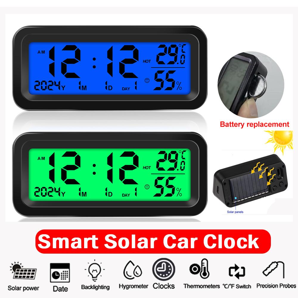 Digitale Autouhr Solar-/Batteriebetrieben mit Thermometer Hygrometer Temperatur Datum LCD Hintergrundbeleuchtetes Display Armaturenbrett Automobil Aufklebeuhr Solar & Battery Powered