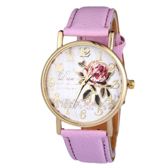 Stilvolle Damen-Armbanduhr mit Rosenmuster, klassisches rundes Zifferblatt, Kunstlederarmband, präzises Quarzwerk, Armbanduhr, Geburtstag, Jahrestag, Geschenk rosa