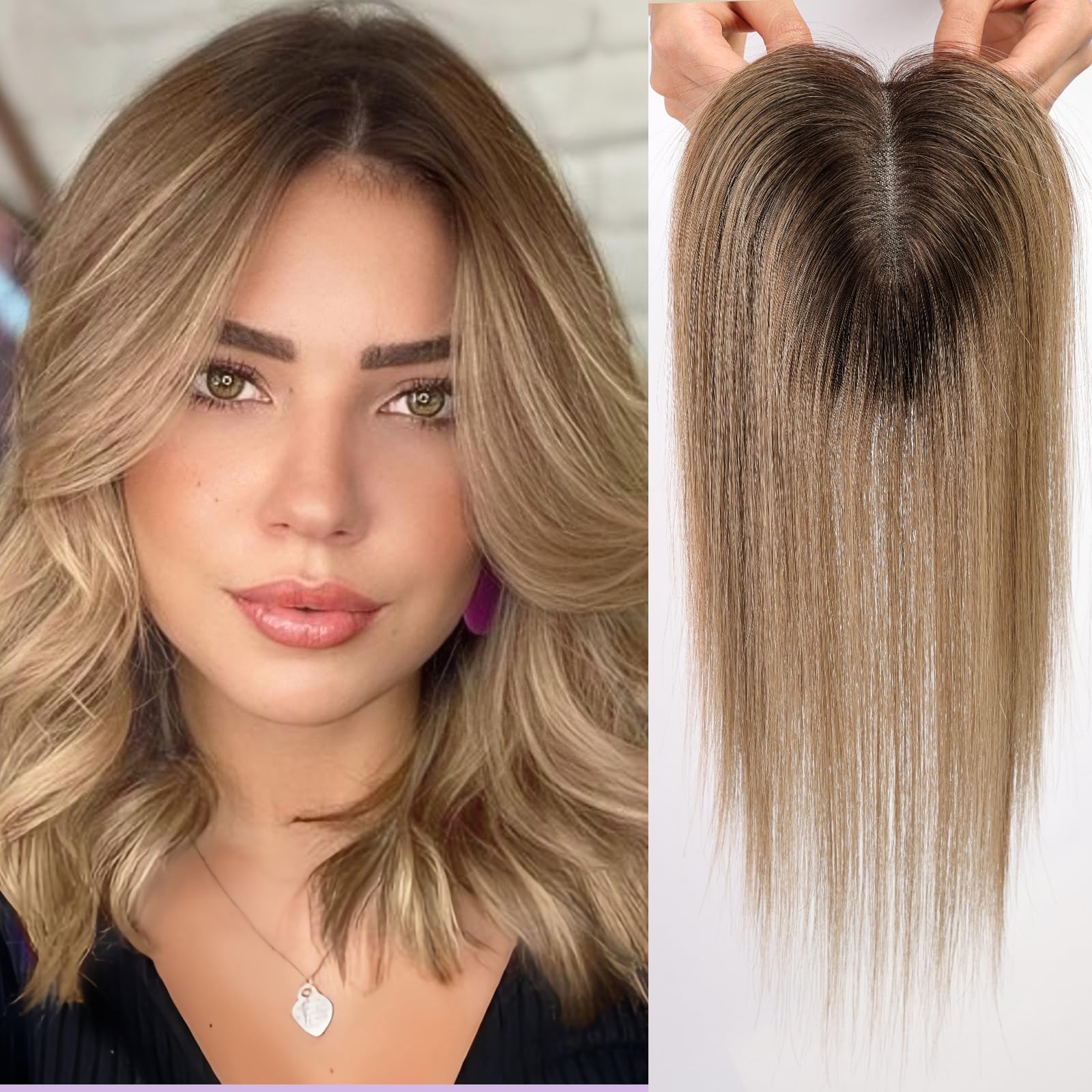 HAIRCUBE Hellbraune Ombre-Haarteile aus Echthaar, 3 Clips, Haarteil für Frauen bei Haarausfall, handgebundene Schweizer Spitze, unsichtbare Haarteile, Mittelteil