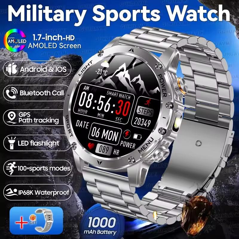 AK87 Herren 1000mAh Akku Smartwatch 1,7-Zoll Großer Bildschirm GPS-Tracking Herzfrequenz 3ATM Wasserdicht Kabelloser Anruf Sport Smartwatch Steel silber