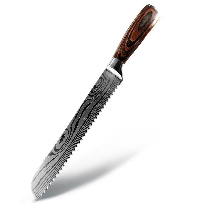 Edelstahl Laser Grain Kochmesser Farbe Holzgriff Imitation Damast Küchenmesser Japanisches Santoku Knochenschneider Brot Obstmesser 26.6 bread knife