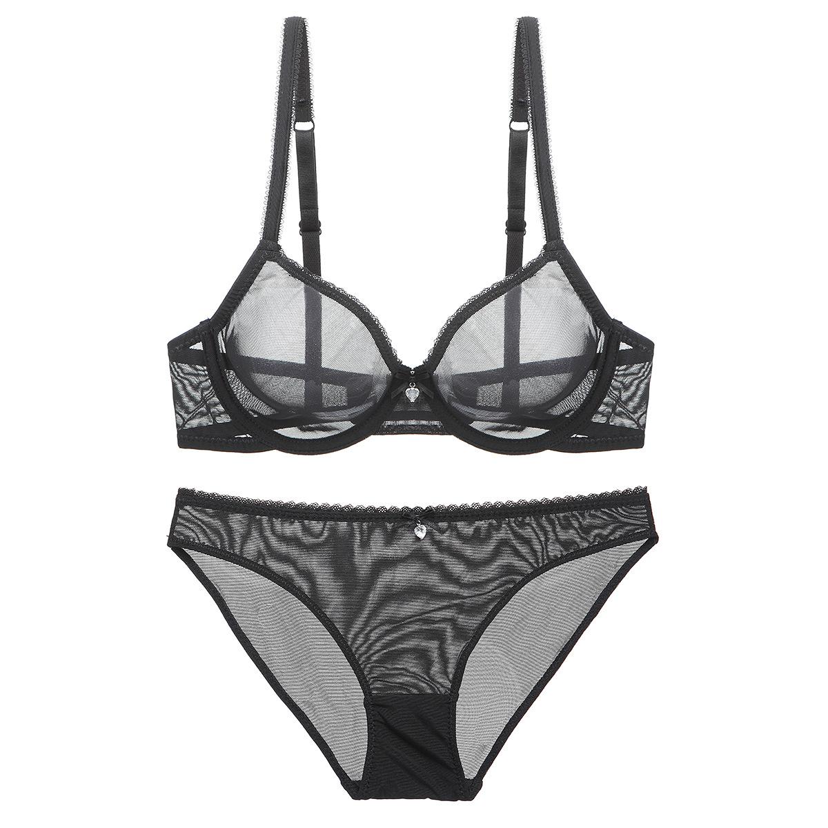 Französisch Ultra Dünne Dessous Set Sexy Mesh Transparent Bh Set Frauen Spitze Unterwäsche Sommer Atmungsaktive Bralette Weibliche Dessous 75C schwarz