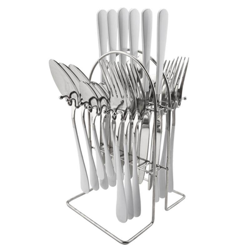 24-teiliges Besteck-Set auf Gestell, Edelstahl-Besteck-Set für Zuhause, Restaurant, Messer, Gabel, Löffel-Set, Küche, Abendessen, Besteck mit Halter weiß/silber