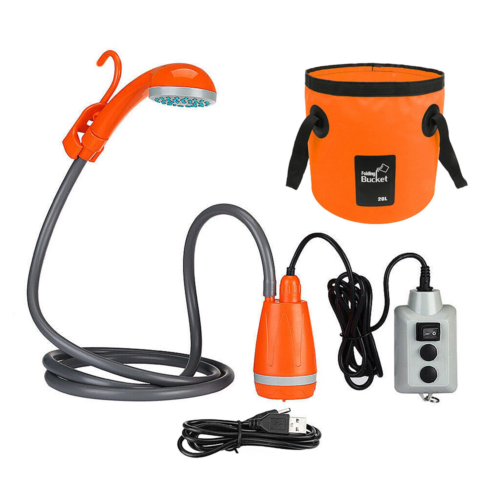 Outdoor-Camping-Duschpumpe, wiederaufladbarer USB-Duschkopf mit faltbarem Eimer für Camping, Wandern Shower Pump with Collapsible Bucket orange