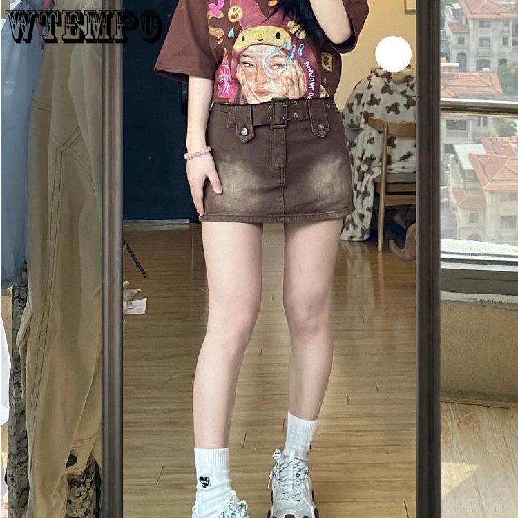 Kurzer Rock für Damen, große Größe, einfarbig, Denim, kurzer Rock, hohe Taille, Retro-Paket, Hüfte, ein Wort, kurzer Rock S braun