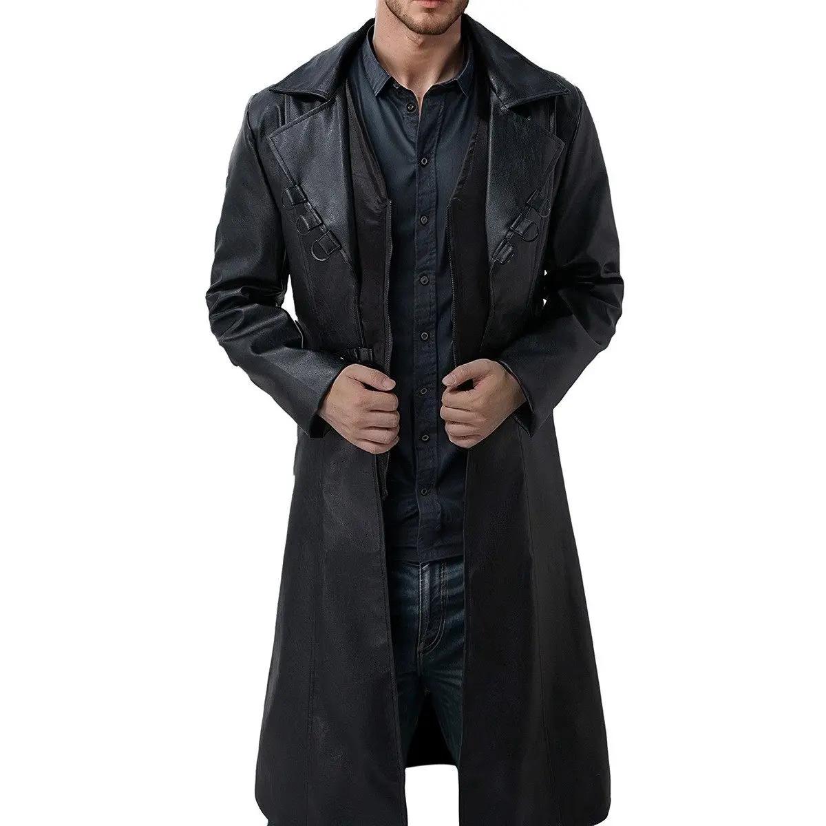 Herren Lang Pu Leder Mantel 2026 Herbst Herren Schwarz Pu Jacke Herren Kleidung Klassischer Windbreaker Jacke Männlich Retro Reißverschluss Trenchcoat XL schwarz