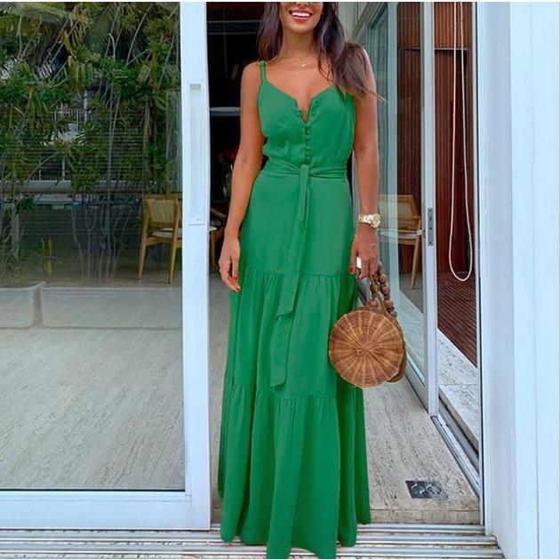 GMXIA Sommer Damenmode Temperament V-Ausschnitt mittellanges Neckholderkleid XXXL grün