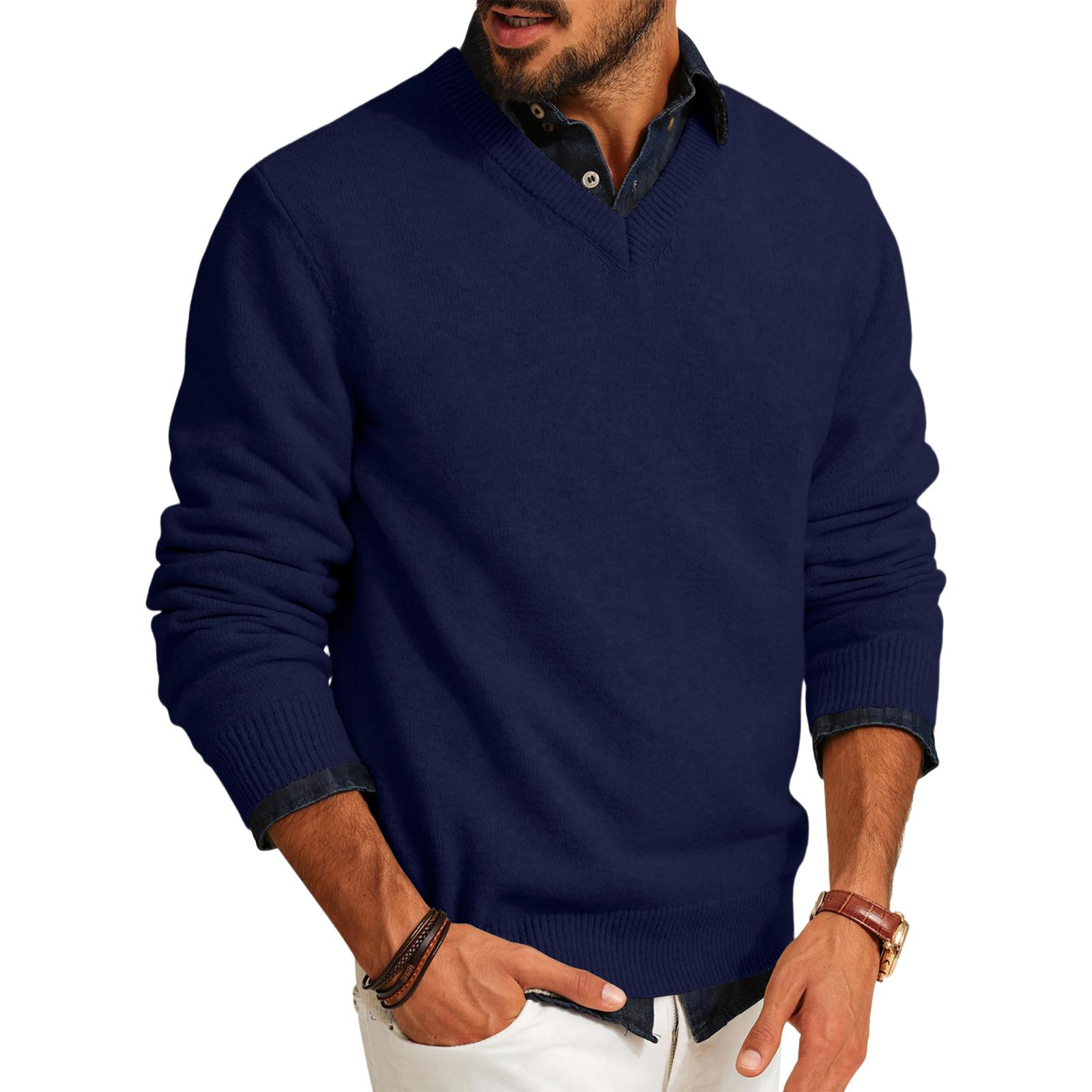 Herren V-Ausschnitt Pullover Lässiger Strick Leichter Kleiderpullover Langarm Slim Fit Herbst Winter Pullover XL dunkelblau
