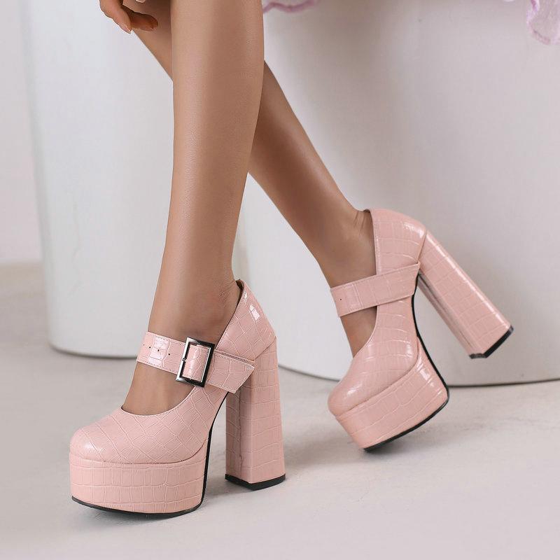 Frauen Mary Jane High Heels Schuhe Plattform Chunky Heels Damen Pumps Party 44 rosa
