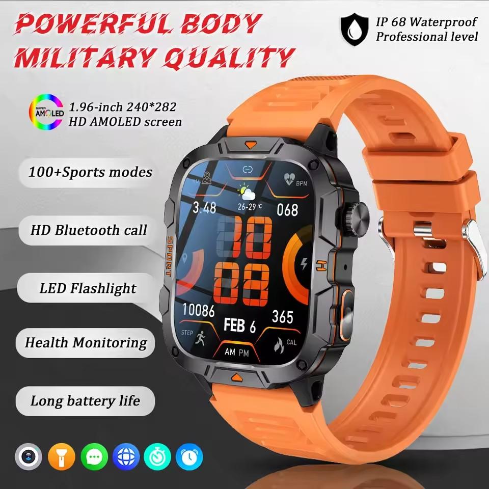 2025 Neue Smartwatches in Militärqualität Herren 1,96  AMOLED 5ATM Wasserdicht Sport-Fitness-Tracker BT-Anruf Smartwatches Damen Für IOS silicon orange