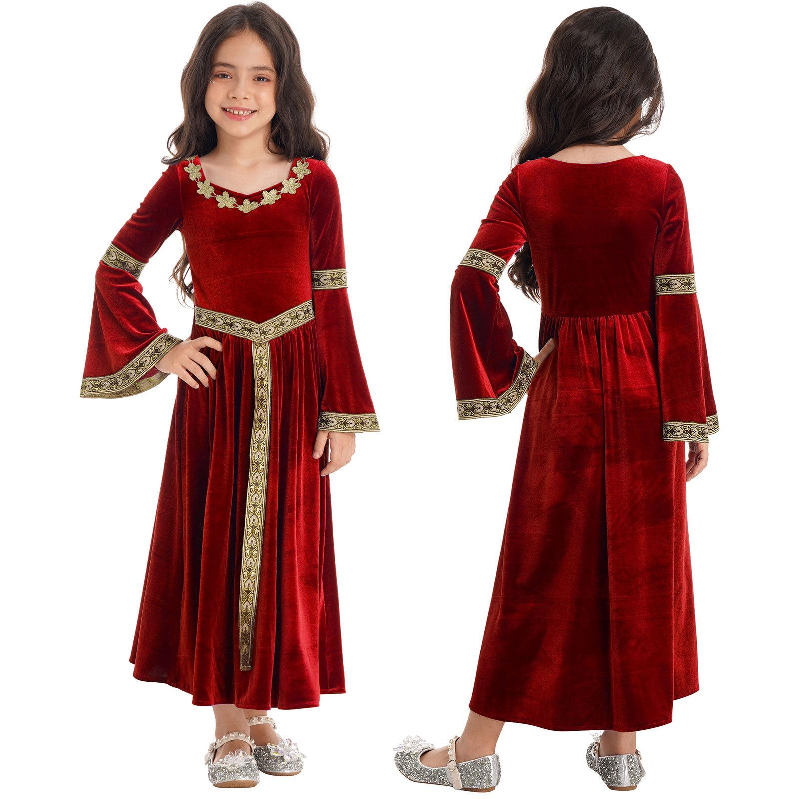 Mittelalter Kostüm Mädchen Mittelalterkleid Vintage Prinzessin Maxikleid Renaissance Cosplay Kostüm Partykleid 5-6 Years rot