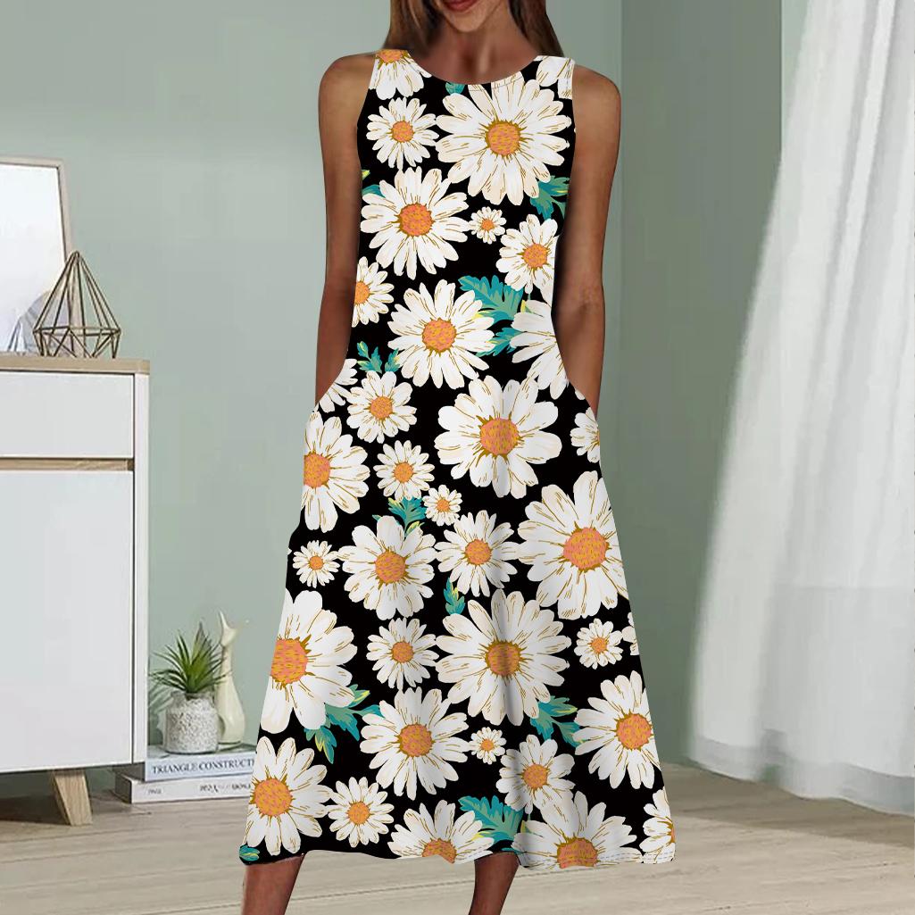 Sommermode Sexy Ärmelloses Kleid Weiches Lässiges Kleid mit 3D-Gänseblümchen-Print Ärmelloses Sling-Kleid M weiß